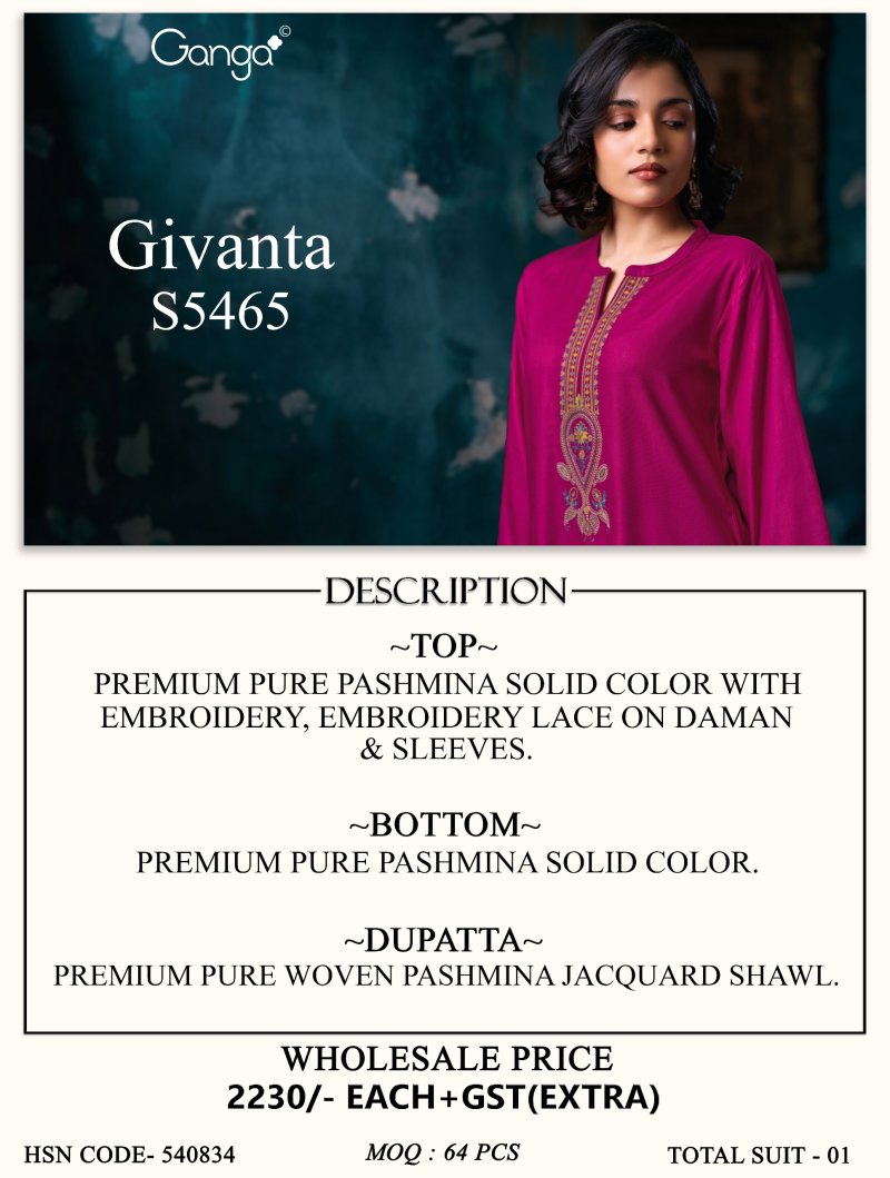 Givanta 5465 By Ganga Pure Pashmina Dress Materials